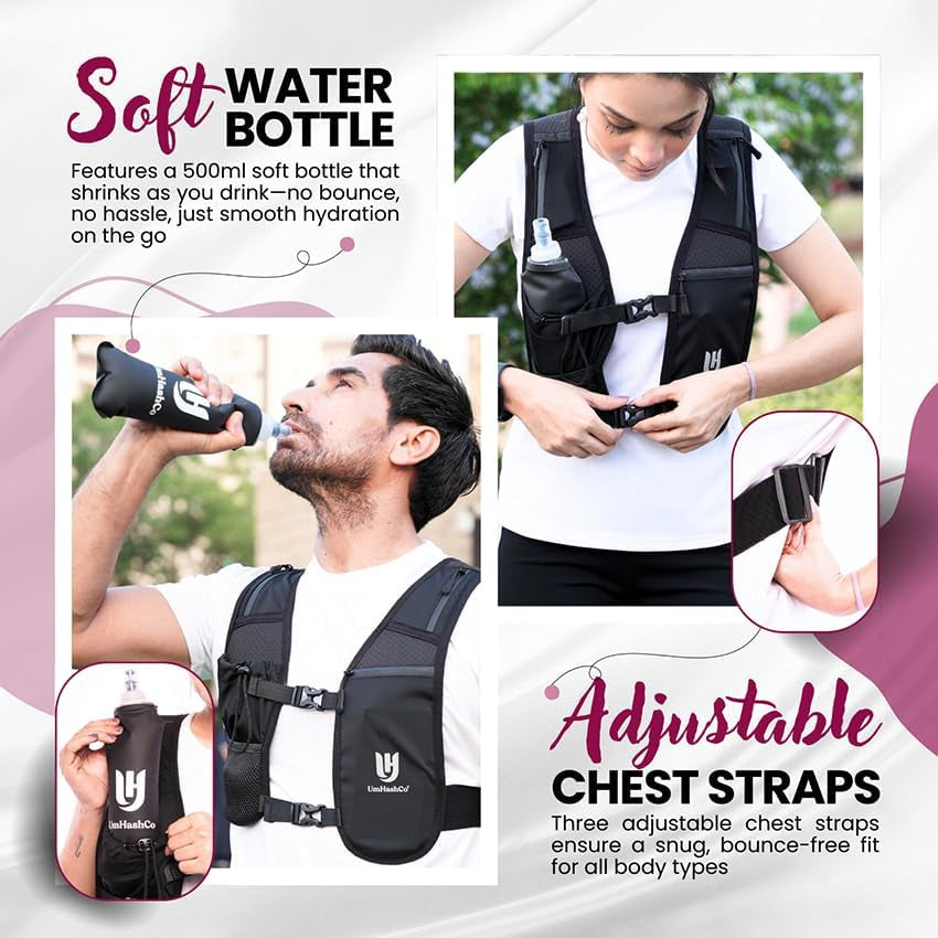 Running Vest Phone Holder with 500Ml Water Bottle, Waterproof Phone Pocket Reflective Vest, Breathable Hydration Running Vest for Unisex