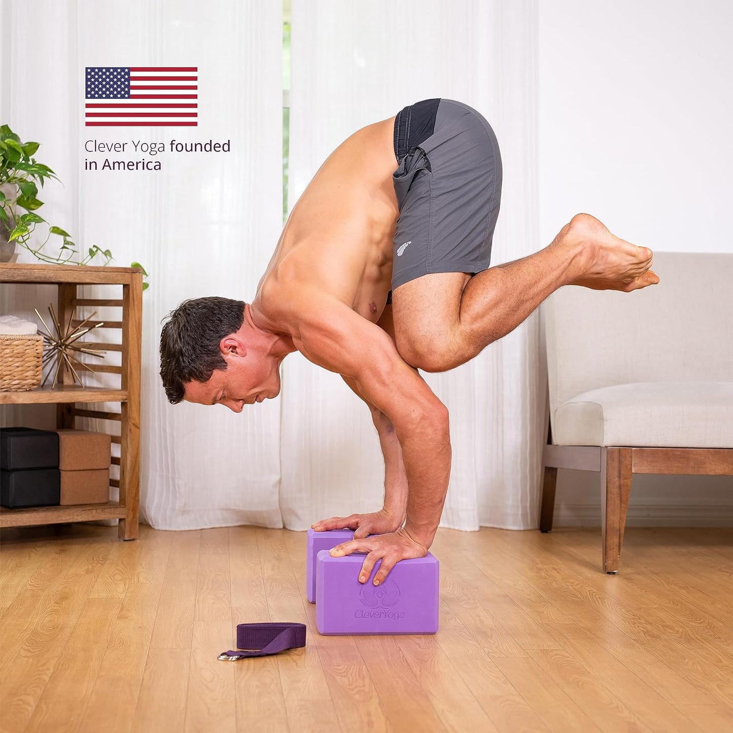Blocks & Strap - Lighweight Foam Yoga Blocks 2 Pack with 8Ft Cotton Yoga Strap Set Kit for Beginners & Pros, Accessories & Equipment for Women & Men