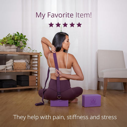 Blocks & Strap - Lighweight Foam Yoga Blocks 2 Pack with 8Ft Cotton Yoga Strap Set Kit for Beginners & Pros, Accessories & Equipment for Women & Men