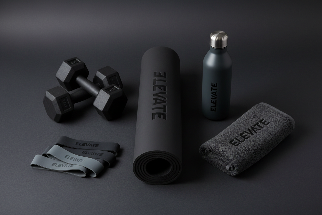 Five fitness products laying on a dark grey surface, with a dark grey background, and each products should have the word Elevate as branding.